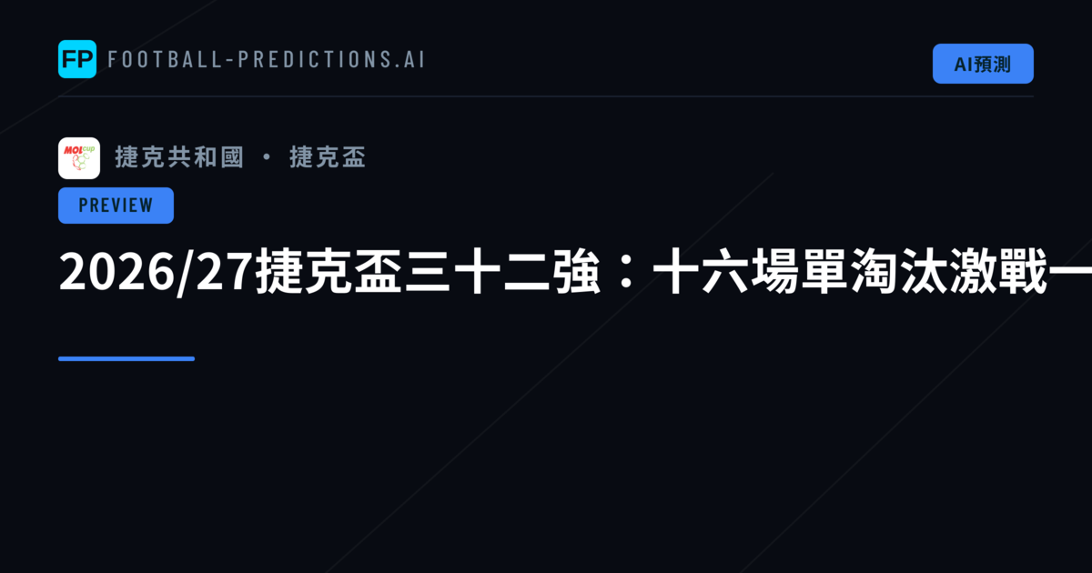 2026/27捷克盃三十二強:十六場單淘汰激戰一觸即發