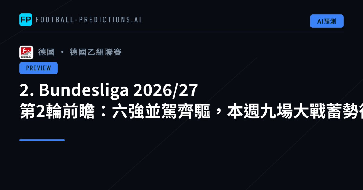 2. Bundesliga 2026/27 第2輪前瞻：六強並駕齊驅，本週九場大戰蓄勢待發