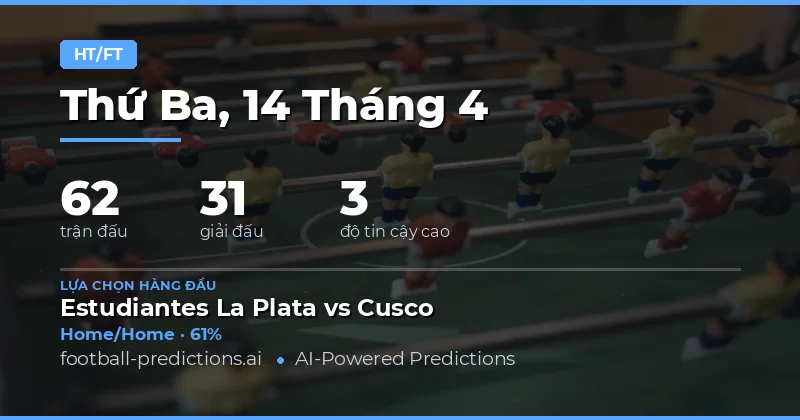 Dự đoán kết quả hiệp một và toàn trận cho 62 trận đấu ngày 14 tháng 4 năm 2026