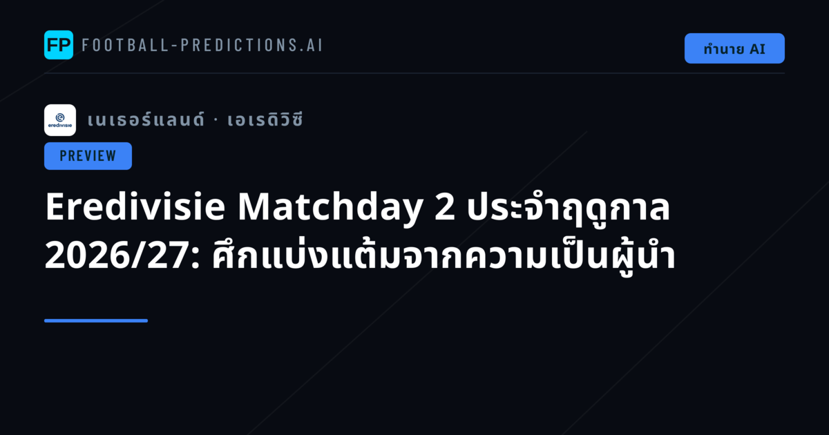 Eredivisie Matchday 2 ประจำฤดูกาล 2026/27: ศึกแบ่งแต้มจากความเป็นผู้นำ