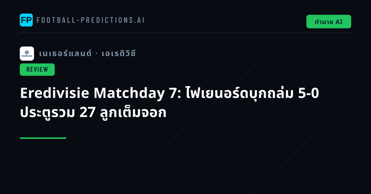 Eredivisie Matchday 7: ไฟเยนอร์ดบุกถล่ม 5-0 ประตูรวม 27 ลูกเต็มจอก