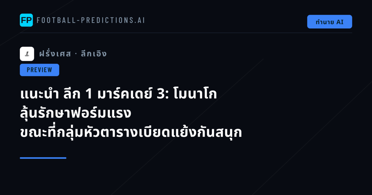 แนะนำ ลีก 1 มาร์คเดย์ 3: โมนาโก ลุ้นรักษาฟอร์มแรง ขณะที่กลุ่มหัวตารางเบียดแย้งกันสนุก
