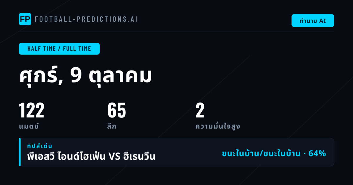 ครึ่งแรก/เต็มเวลา — ทำนายและทิปส์ฟุตบอล — ศุกร์, 9 ตุลาคม, 2026