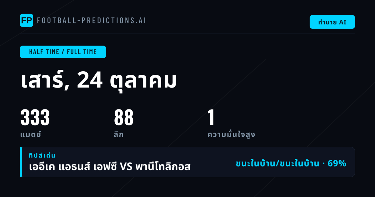 ครึ่งแรก/เต็มเวลา — ทำนายและทิปส์ฟุตบอล — เสาร์, 24 ตุลาคม, 2026