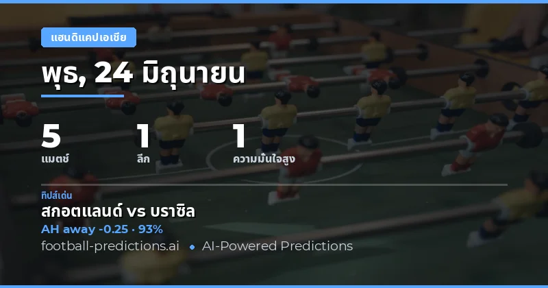ทำนาย AH ฟุตบอล 24 Jun 2026 - 5 แมตช์วิเคราะห์เด็ด