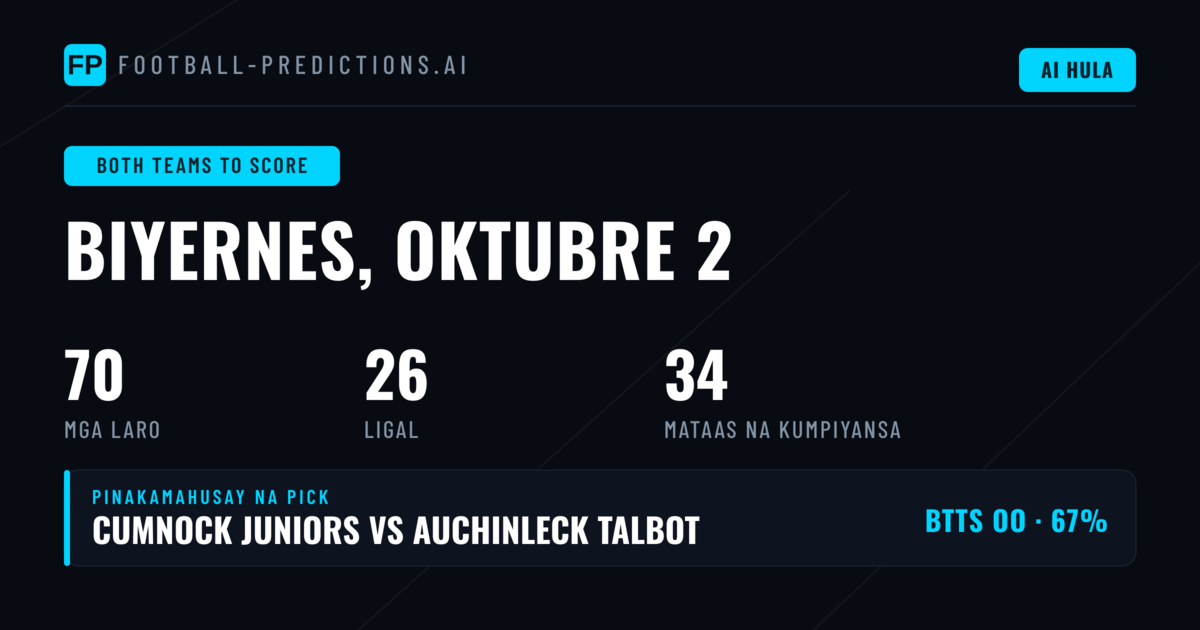 Pinakamahuhusay na BTTS Picks para sa 2 Okt 2026