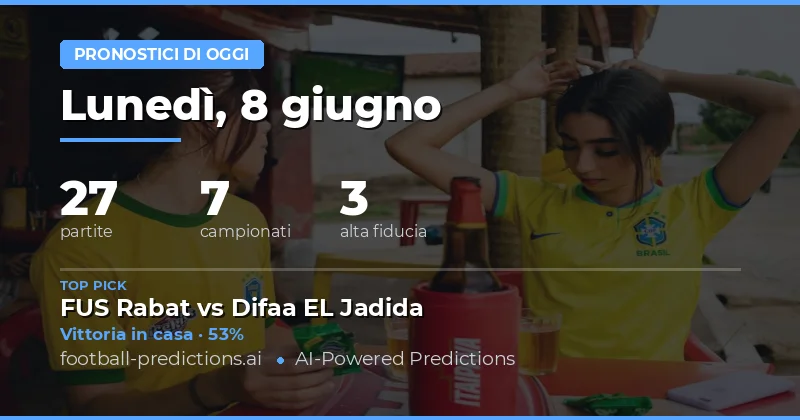 Lunedì 8 Giugno 2026: Giornata di Partite con Alte Probabilità di Vittoria in Casa