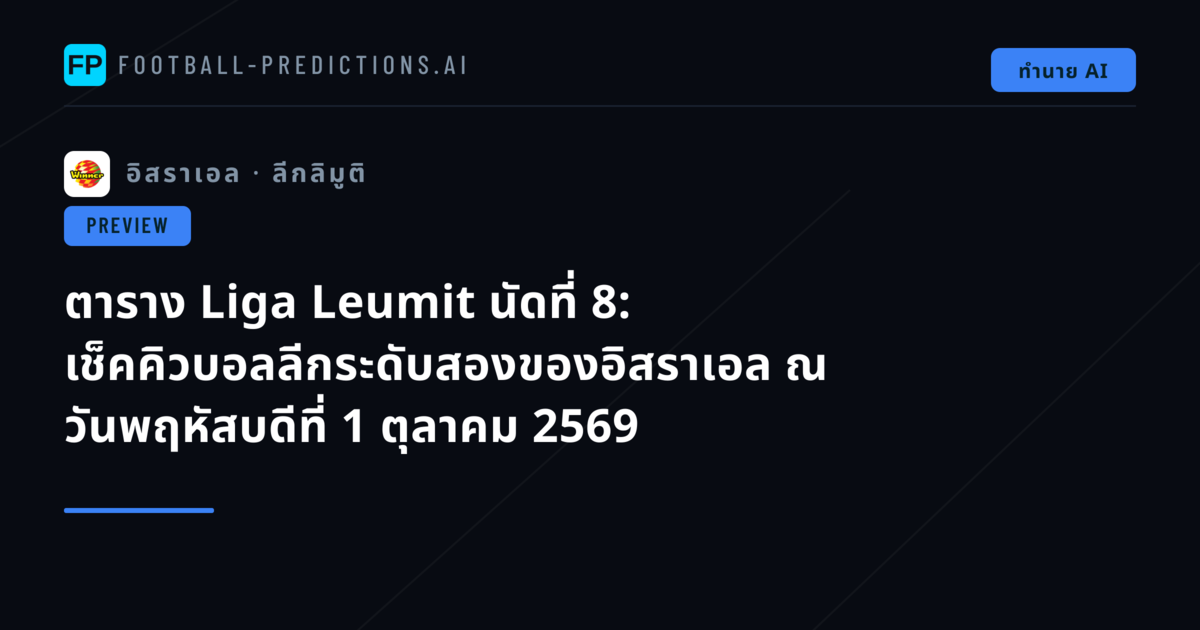 ตาราง Liga Leumit นัดที่ 8: เช็คคิวบอลลีกระดับสองของอิสราเอล ณ วันพฤหัสบดีที่ 1 ตุลาคม 2569
