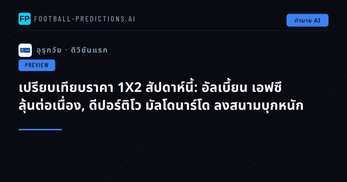 เปรียบเทียบราคา 1X2 สัปดาห์นี้: อัลเบี้ยน เอฟซี ลุ้นต่อเนื่อง, ดีปอร์ติโว มัลโดนาร์โด ลงสนามบุกหนัก