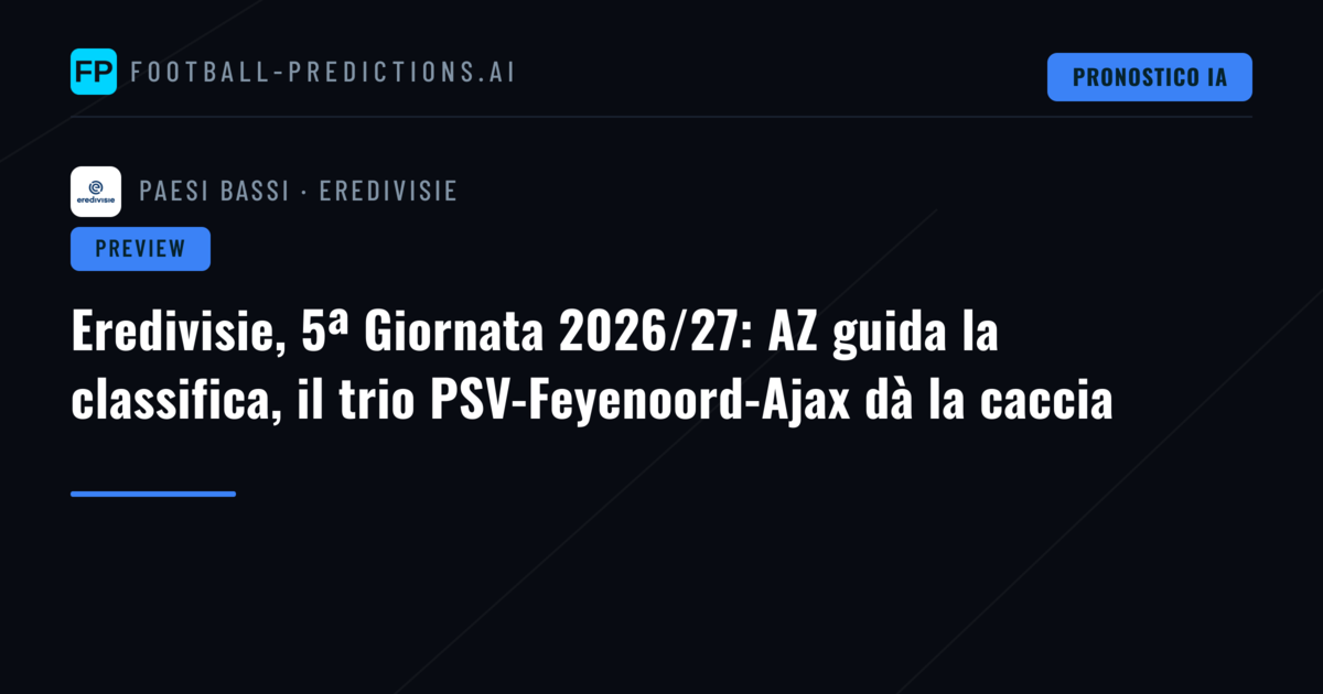 Eredivisie, 5ª Giornata 2026/27: AZ guida la classifica, il trio PSV-Feyenoord-Ajax dà la caccia