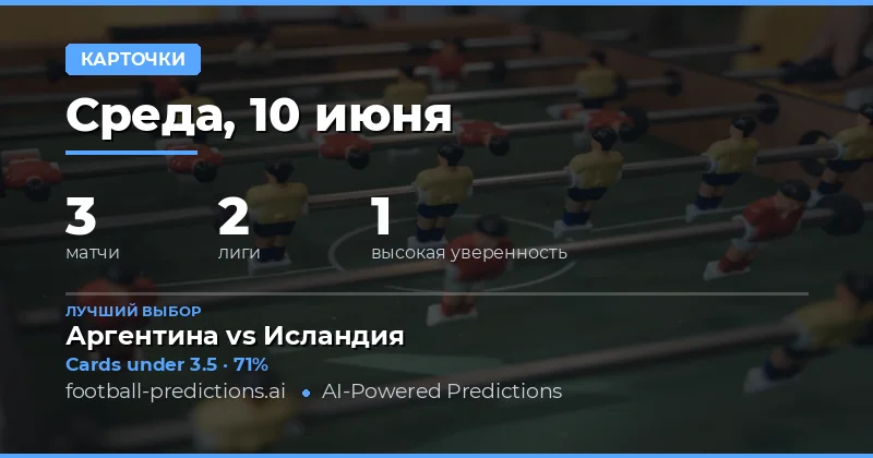 Лучшие прогнозы на тотал жёлтых карточек на 10 июня 2026 года