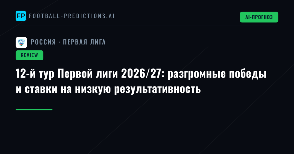 12-й тур Первой лиги 2026/27: разгромные победы и ставки на низкую результативность