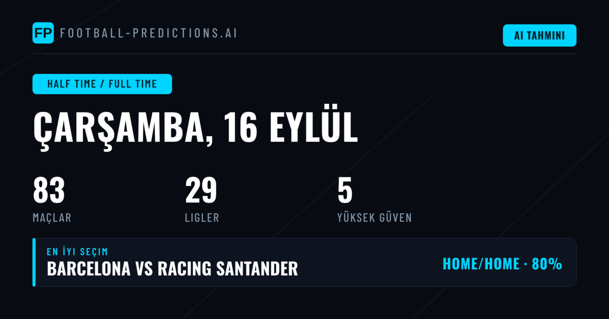 16 Eylül 2026 İçin En İyi İlk Yarı / Maç Sonucu Tahminleri