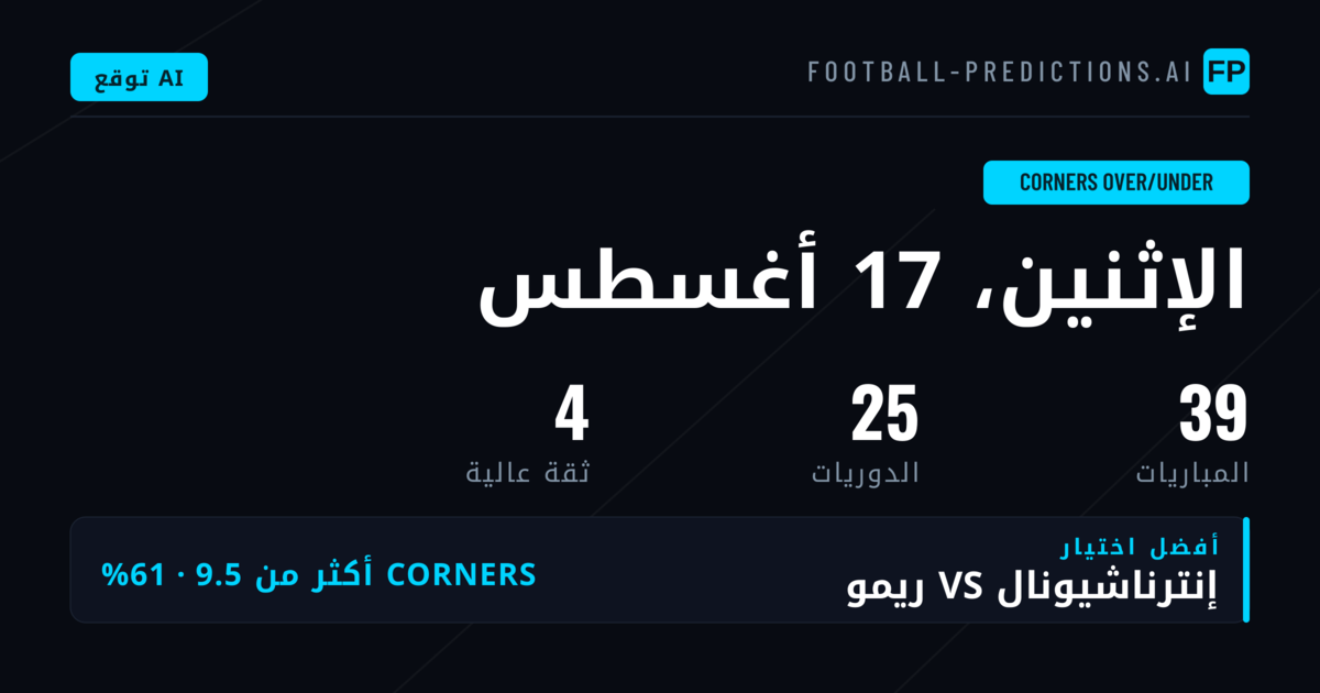 أفضل اختيارات رهانات ركنيات O/U ليوم 17 أغسطس 2026