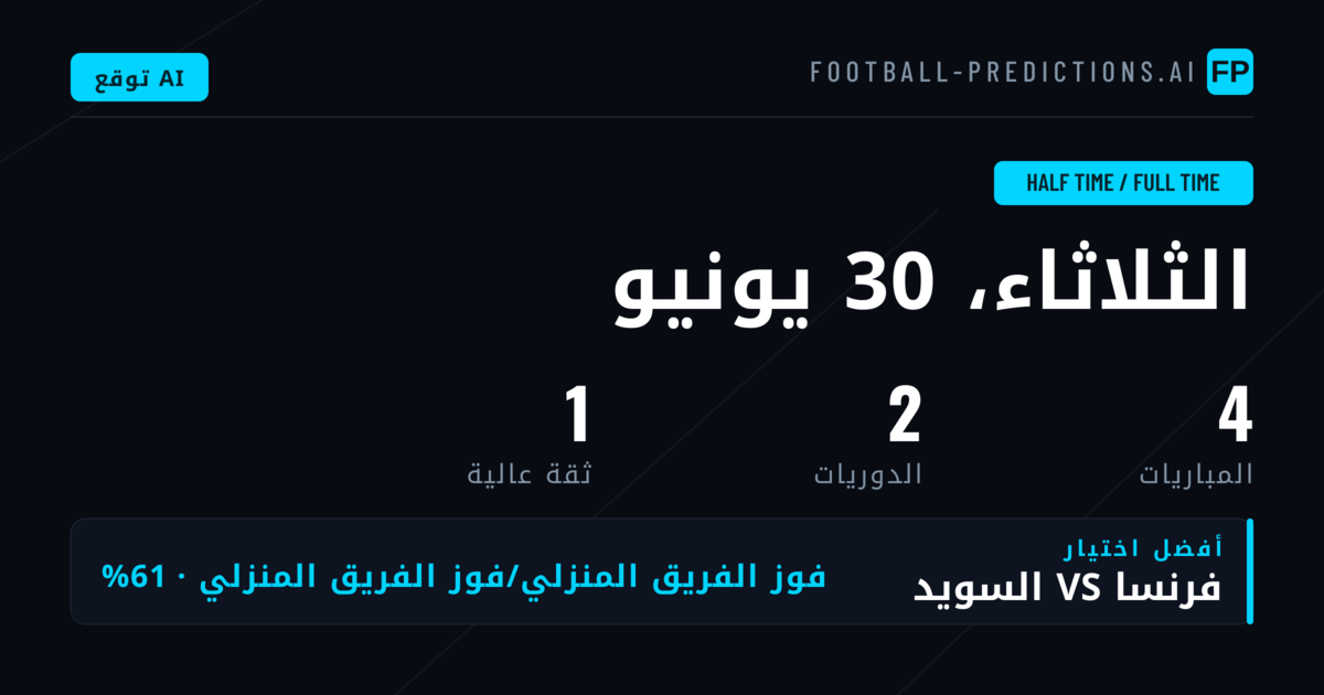 أفضل توقعات HT/FT ليوم 30 يونيو 2026