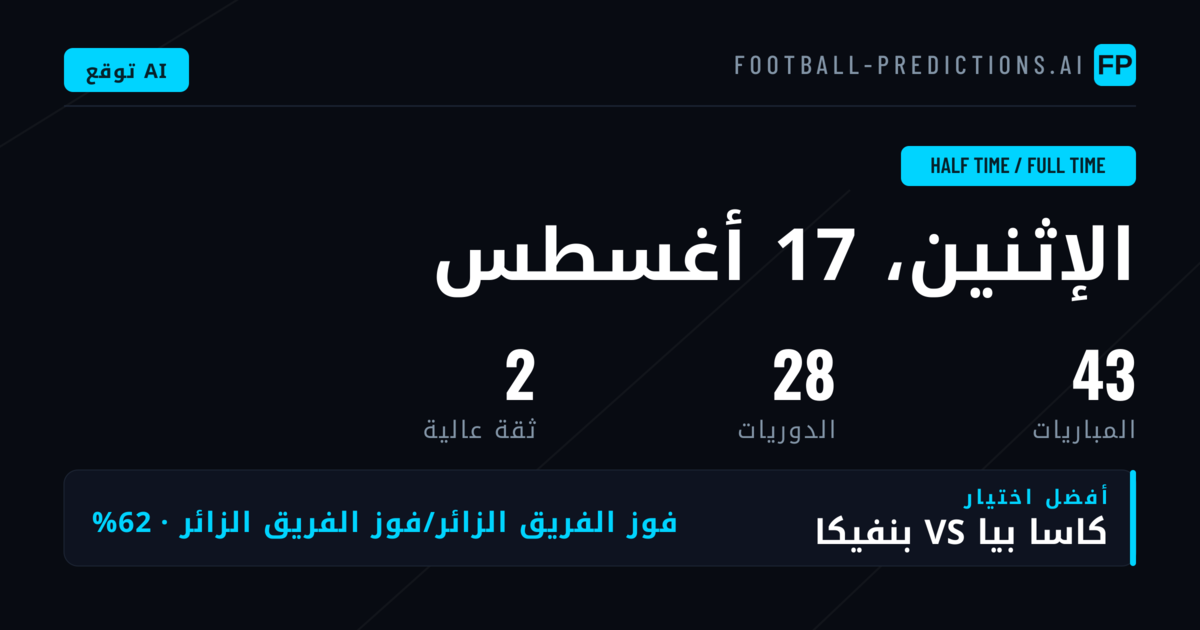 أفضَل اختيارات HT/FT ليوم 17 أغسطس 2026