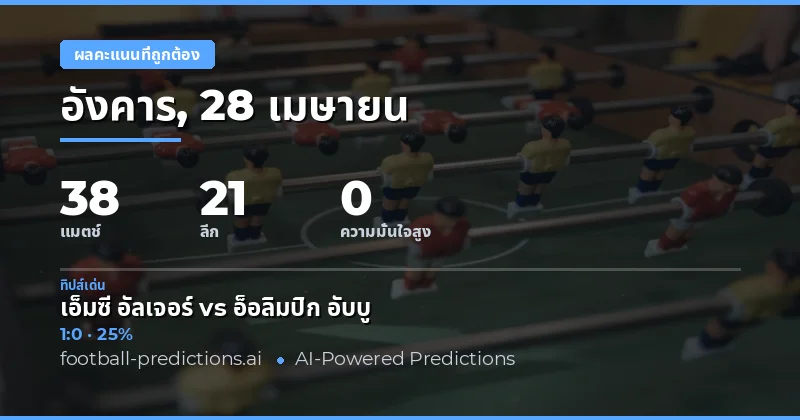 ผลคะแนนที่ถูกต้อง — ทำนายและทิปส์ฟุตบอล — อังคาร, 28 เมษายน, 2026