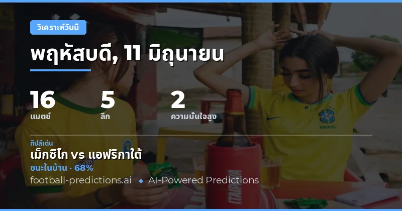 ทำนายและทิปส์ฟุตบอล — พฤหัสบดี, 11 มิถุนายน, 2026