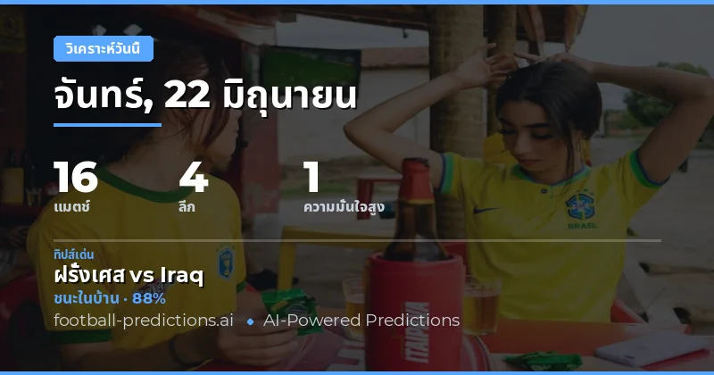 ทำนายและทิปส์ฟุตบอล — จันทร์, 22 มิถุนายน, 2026