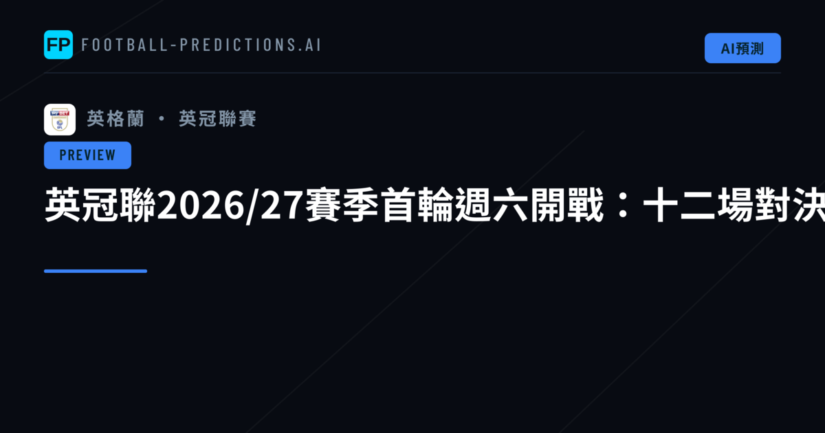英冠聯2026/27賽季首輪週六開戰:十二場對決蓄勢待發