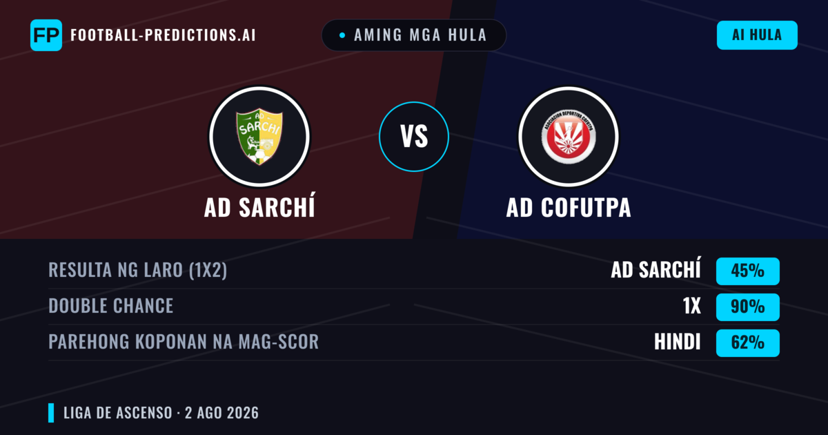 Aming mga hula: AD Sarchí vs AD Cofutpa — AD Sarchí — Manalo (55%); Over 2.5; Parehong magbubuo: Oo