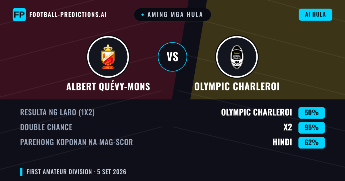 Aming mga hula: Albert Quévy-Mons vs Olympic Charleroi — Draw (50%); Parehong magbubuo: Hindi