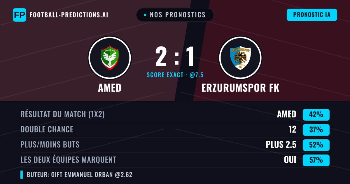 Nos pronostics: Amed vs Erzurumspor FK — Amed — Victoire (42%); Plus 2.5; Les deux marquent : Oui