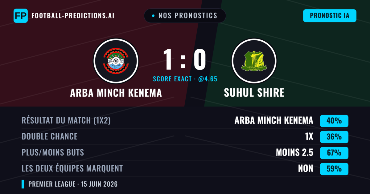 Nos pronostics: Arba Minch Kenema vs Suhul Shire — Arba Minch Kenema — Victoire (40%); Moins 2.5; Les deux marquent : Non