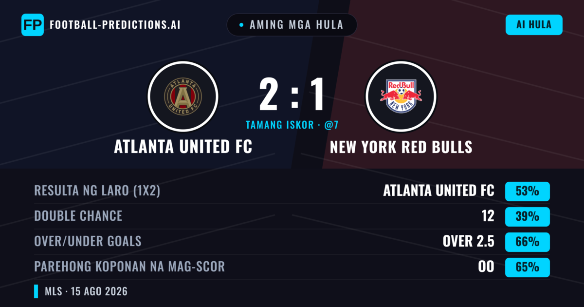 Aming mga hula: Atlanta United FC vs New York Red Bulls — Atlanta United FC — Manalo (48%); Over 2.5; Parehong magbubuo: Oo