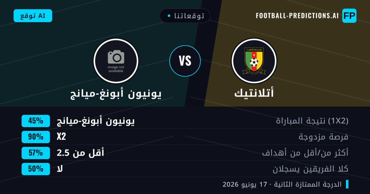 توقعاتنا: أتلانتيك ضد يونيون أبونغ-ميانج — تعادل (45%); أقل من 2.5; لا يسجل الطرفان