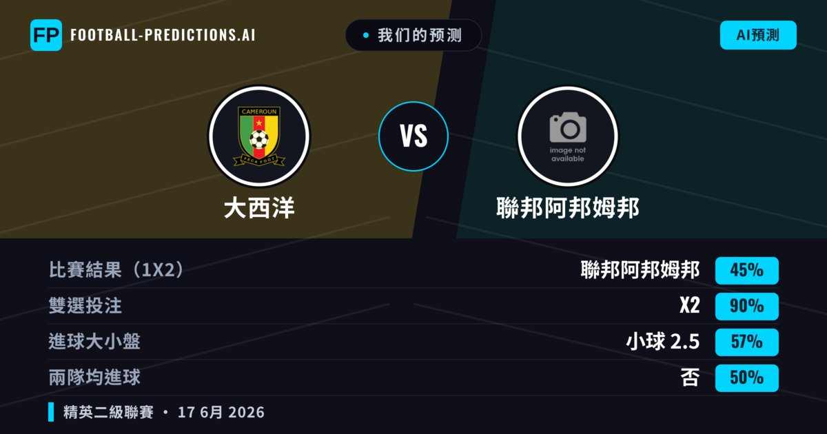 我们的预测: 大西洋 對 聯邦阿邦姆邦 — 平 (45%); 小球 2.5; 無進球