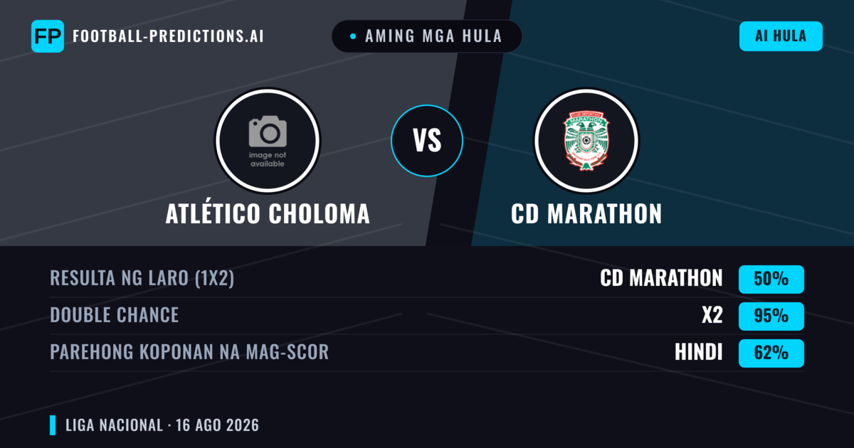 Aming mga hula: Atlético Choloma vs CD Marathon — CD Marathon — Manalo (61%); Over 2.5; Parehong magbubuo: Oo