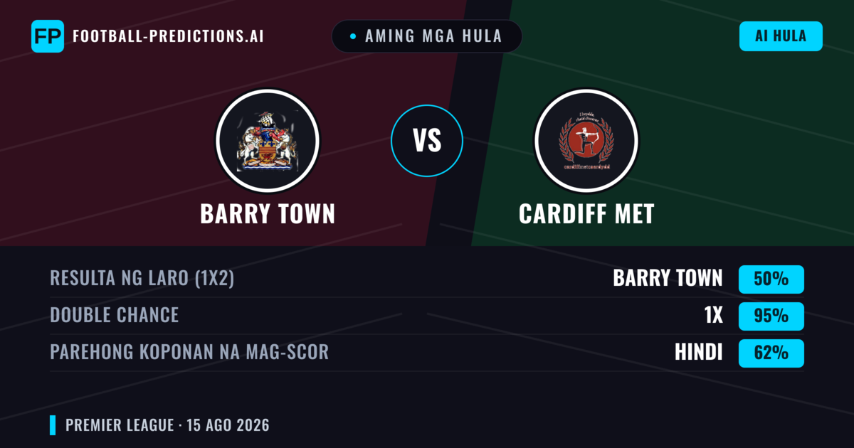 Aming mga hula: Barry Town vs Cardiff MET — Barry Town — Manalo (46%); Over 2.5; Parehong magbubuo: Oo
