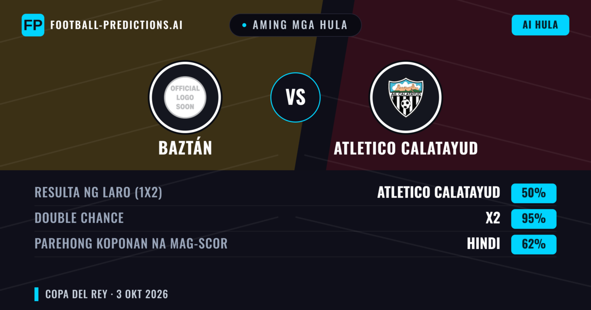 Aming mga hula: Baztán vs Atletico Calatayud — Draw (50%); Parehong magbubuo: Hindi