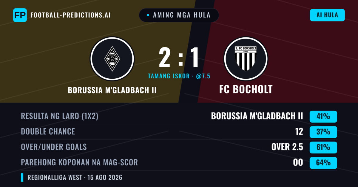 Aming mga hula: Borussia M'gladbach II vs FC Bocholt — Borussia M'gladbach II — Manalo (41%); Over 2.5; Parehong magbubuo: Oo