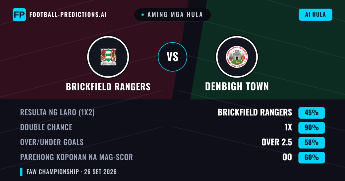 Aming mga hula: Brickfield Rangers vs Denbigh Town — Draw (45%); Over 2.5; Parehong magbubuo: Oo