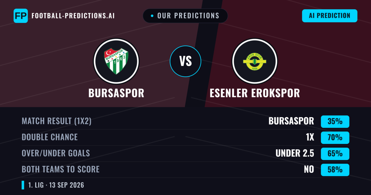 Our Predictions: Bursaspor vs Esenler Erokspor — Draw (35%); under 2.5; Both teams to score: No