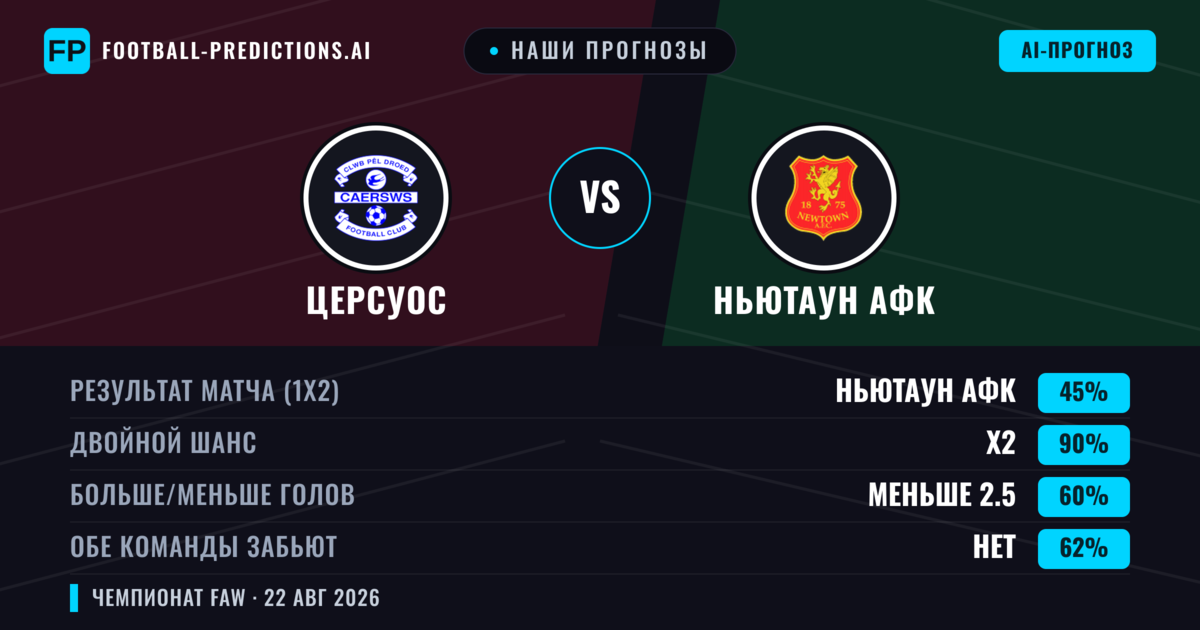 Наши прогнозы: Церсуос против Ньютаун АФК — Ньютаун АФК — Победа (39%); Больше 2.5; Обе забьют Да