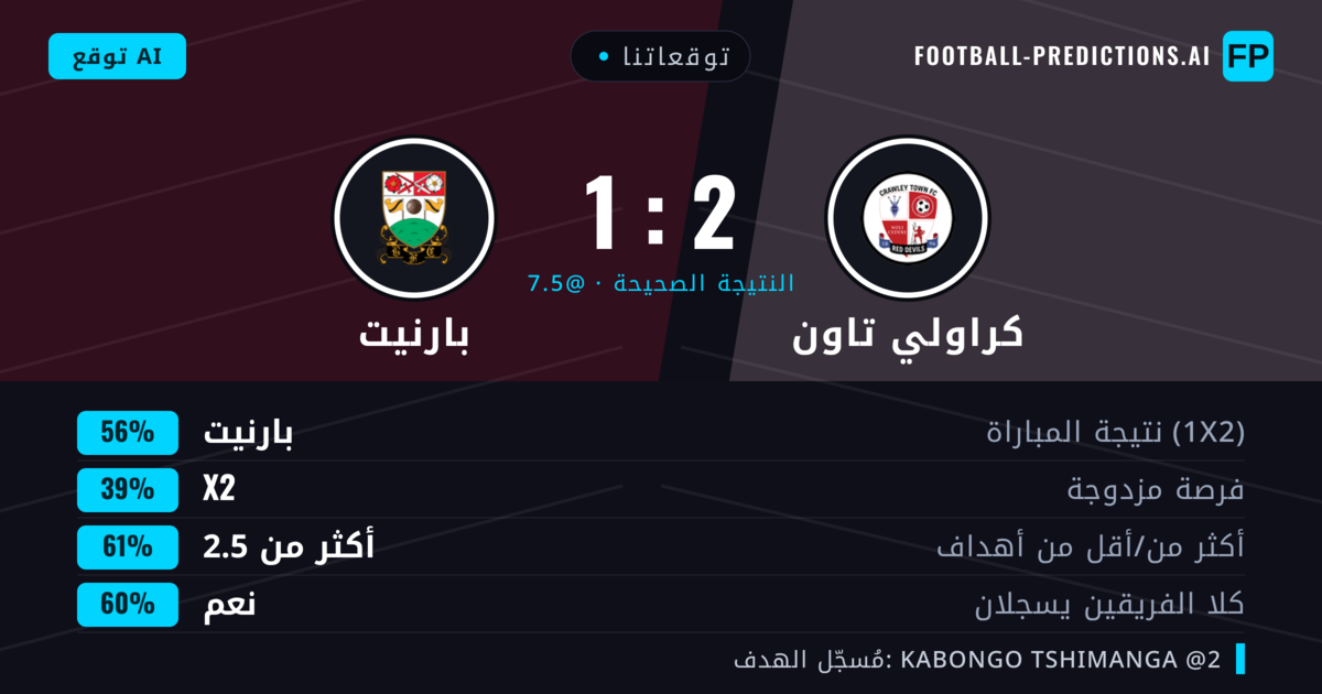 توقعاتنا: كراولي تاون ضد بارنيت — بارنيت — فوز (55%); أكثر من 2.5; هدفين أو أكثر