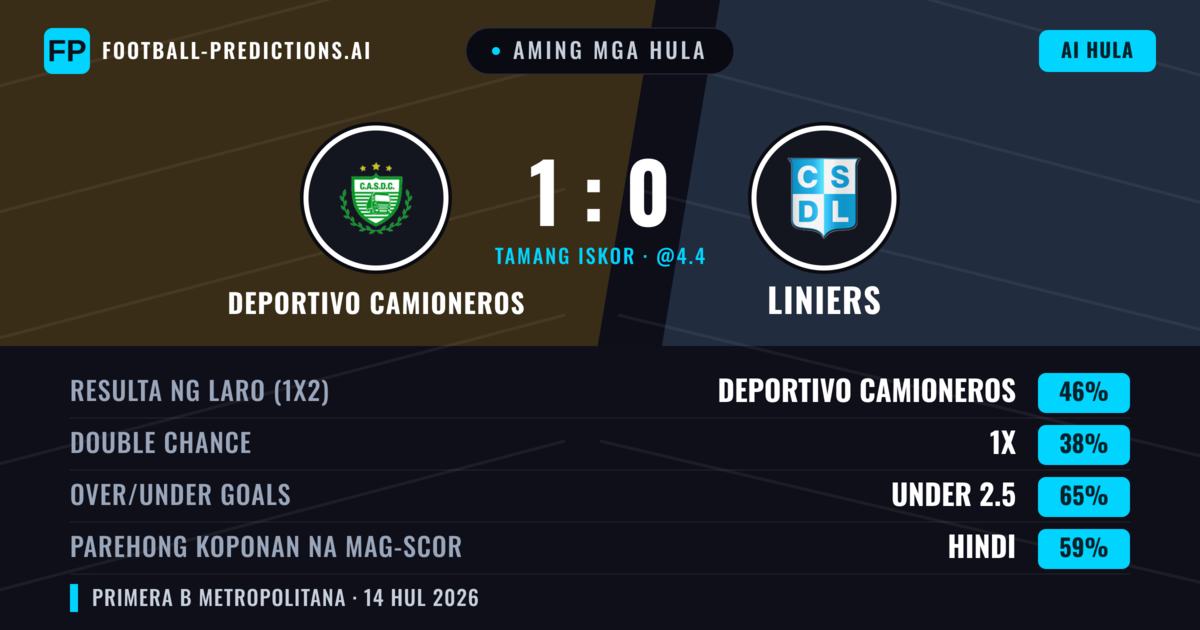 Aming mga hula: Deportivo Camioneros vs Liniers — Deportivo Camioneros — Manalo (47%); Under 2.5; Parehong magbubuo: Hindi