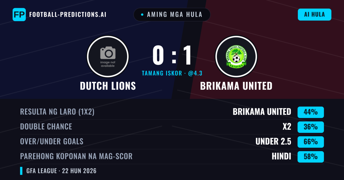Aming mga hula: Dutch Lions vs Brikama United — Brikama United — Manalo (44%); Under 2.5; Parehong magbubuo: Hindi