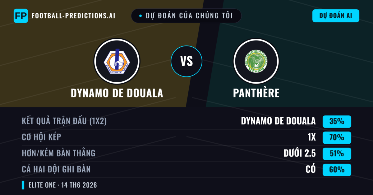 Dự đoán của chúng tôi: Dynamo de Douala vs Panthère — Hòa (35%); Ít hơn 2.5; Cả hai ghi bàn: Có
