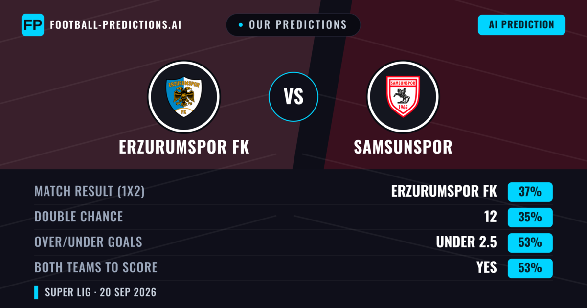 Our Predictions: Erzurumspor FK vs Samsunspor — Erzurumspor FK — Win (38%); under 2.5; Both teams to score: Yes