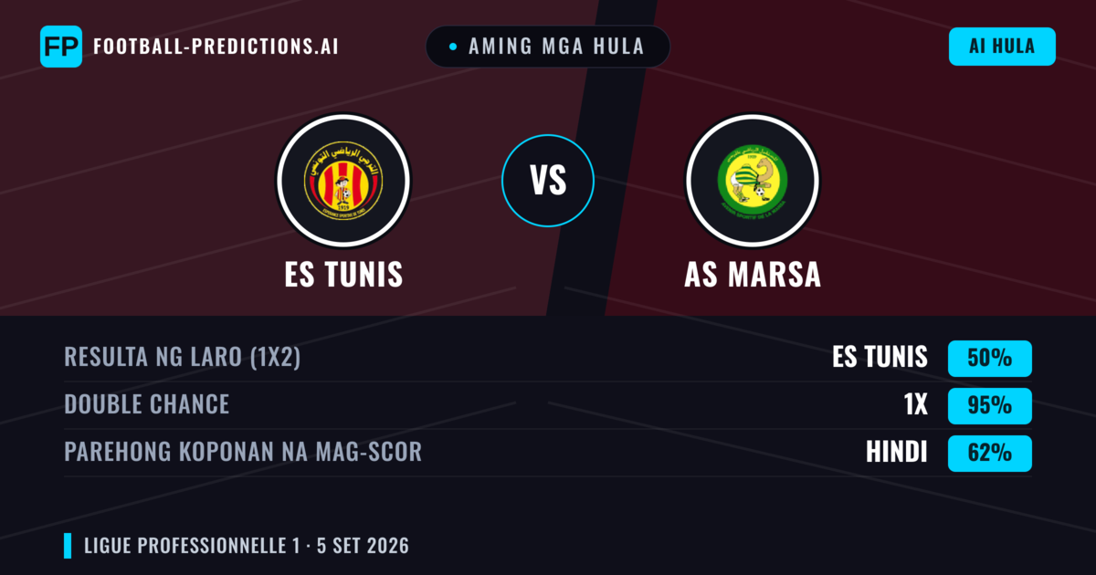 Aming mga hula: ES Tunis vs AS Marsa — Draw (50%); Parehong magbubuo: Hindi