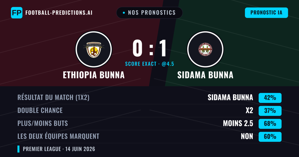 Nos pronostics: Ethiopia Bunna vs Sidama Bunna — Sidama Bunna — Victoire (42%); Moins 2.5; Les deux marquent : Non