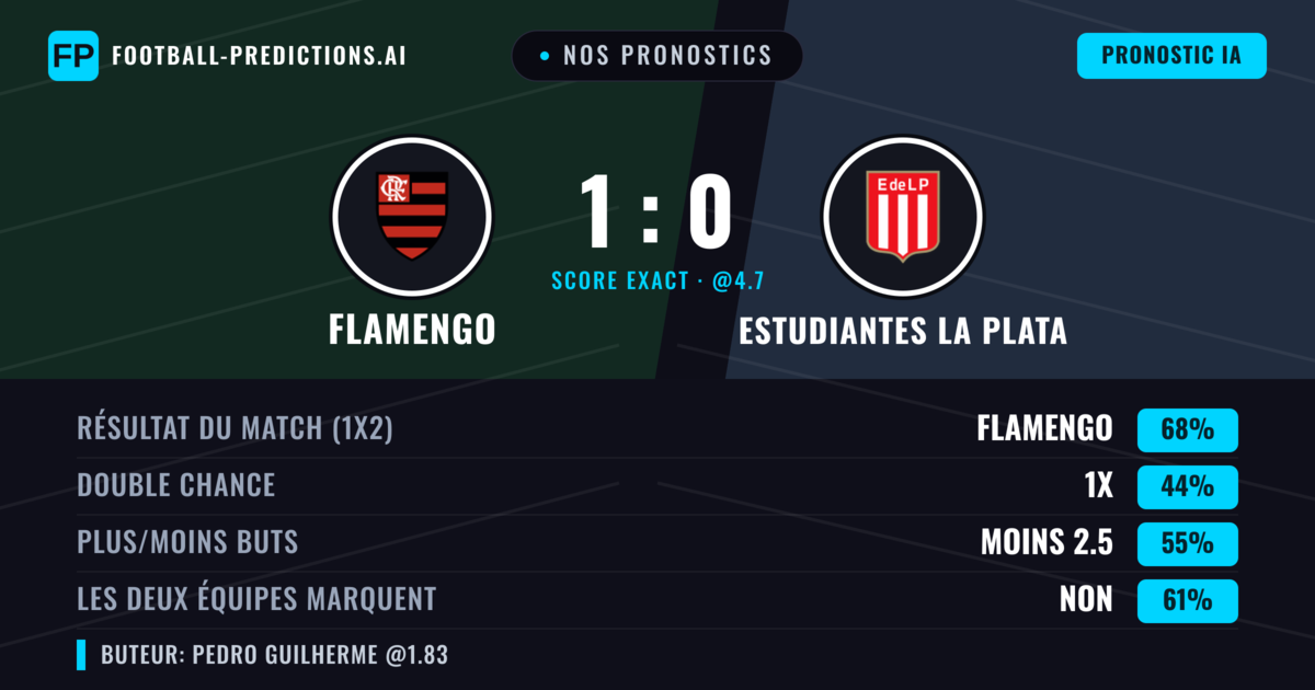 Nos pronostics: Flamengo vs Estudiantes La Plata — Flamengo — Victoire (67%); Moins 2.5; Les deux marquent : Non
