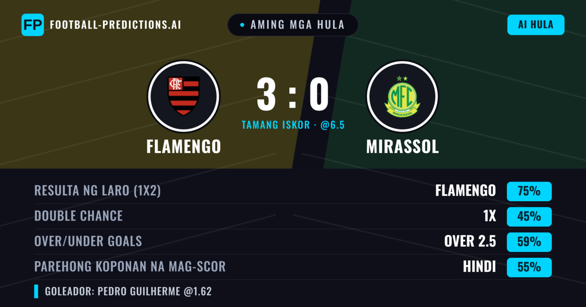 Aming mga hula: Flamengo vs Mirassol — Flamengo — Manalo (79%); Over 2.5; Parehong magbubuo: Hindi