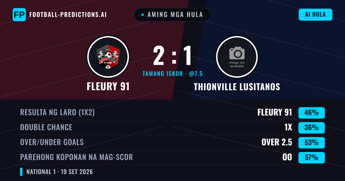 Aming mga hula: Fleury 91 vs Thionville Lusitanos — Fleury 91 — Manalo (47%); Over 2.5; Parehong magbubuo: Oo