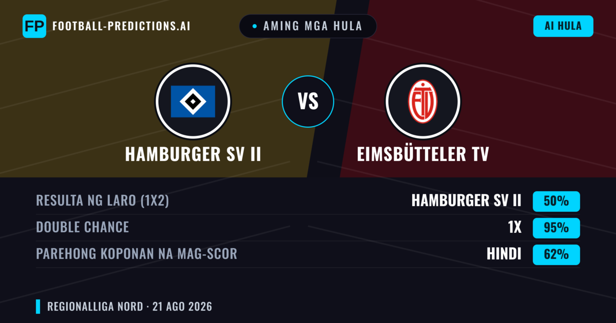 Aming mga hula: Hamburger SV II vs Eimsbütteler TV — Draw (50%); Parehong magbubuo: Hindi