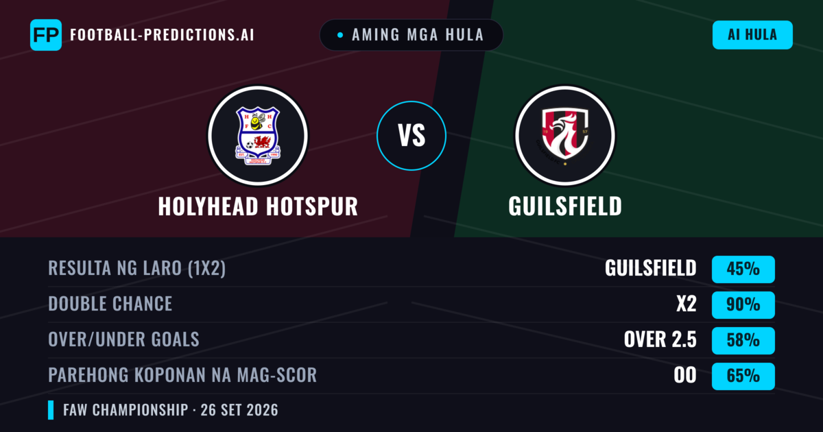 Aming mga hula: Holyhead Hotspur vs Guilsfield — Draw (45%); Over 2.5; Parehong magbubuo: Oo